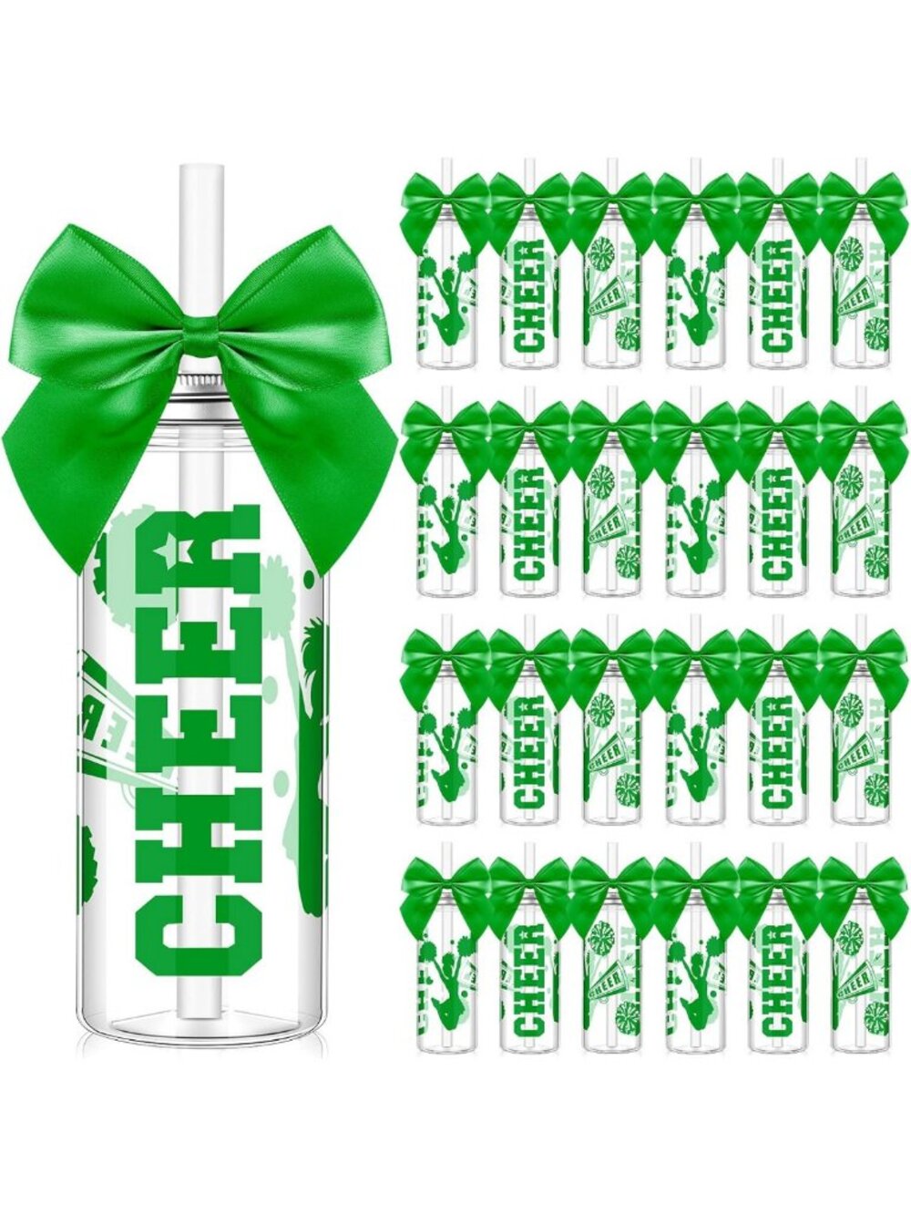 24 Pcs Cheerleader Gift Set - Green Bow Cups, 14oz Cheer Team Party Favors